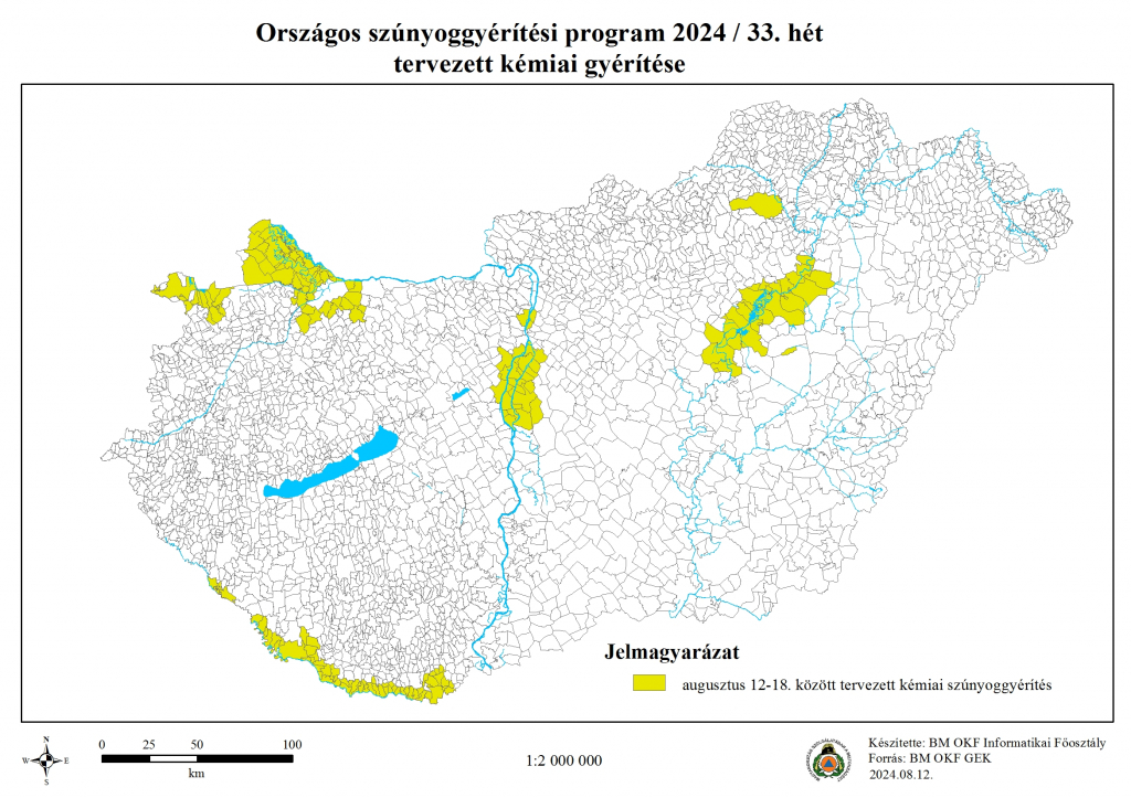 Országos szúnyoggyérítési program 2024 /33. hét tervezett kémiai gyérítése