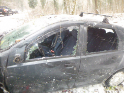 tűzoltók áramtalanítanak, az autó össze van törve az árokba borult